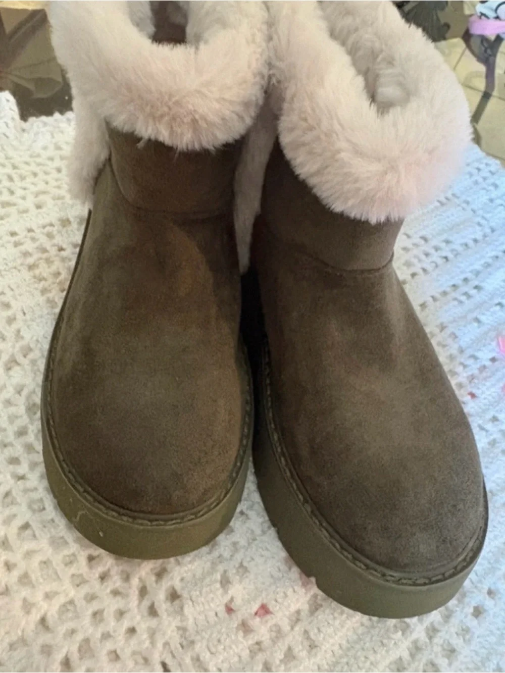 Time and Tru Olive Suede Ankle Booties with Cream Faux-Fur Cuff
